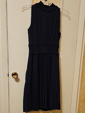 Nanette Lepore Navy Pleated Mock-Neck Midi Dress, Size 12